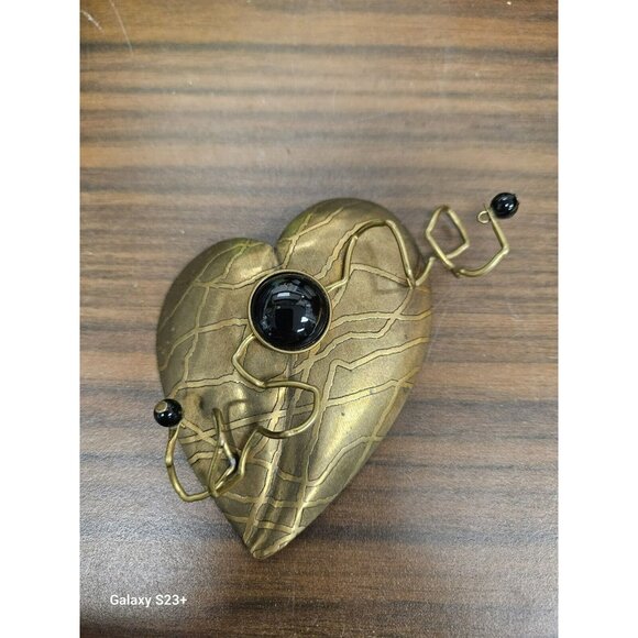 JAN MICHAELS SAN FRANCISCO BRASS BLACK ONYX  MODERNIST HEART LEAF PIN BROOCH - Picture 1 of 5
